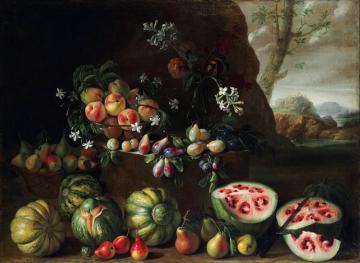 Watermelons, Peaches, Pears And Other Fruit In A Landscape Artwork by Giovanni Stanchi Dei Fiori
