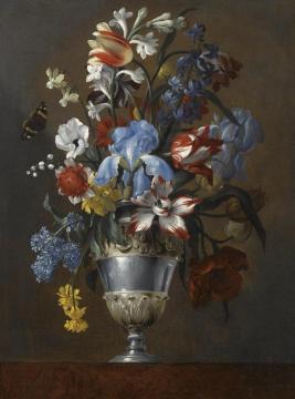 Still Life With Tulips, Narcissi, Irises, Lilies And Other Flowers In An Ornate Metal Vase On A Ledge Artwork by Giovanni Stanchi Dei Fiori