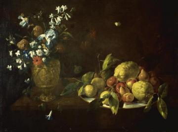 Still Life With Fruit Piled High On A Plate Beside A Bronze Urn Filled With Flowers Artwork by Giovanni Stanchi Dei Fiori