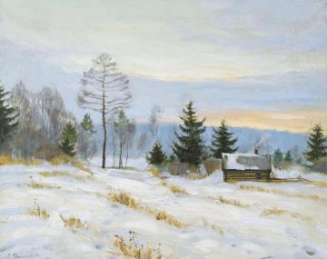 An Evening In Early Winter (blue Landscape) Artwork by Sergei Arsenevich Vinogradov