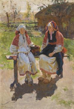 Two Peasant Girls Artwork by Sergei Arsenevich Vinogradov