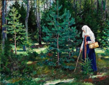 Russian Woman In A Folk Costume Looking For Mushrooms In A Pine Forest Artwork by Sergei Arsenevich Vinogradov