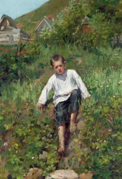 A Boy Climbing Down A Bank Artwork by Sergei Arsenevich Vinogradov