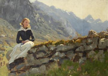 Girl Seated On A Stone Wall Artwork by Hans Fredrik Gude