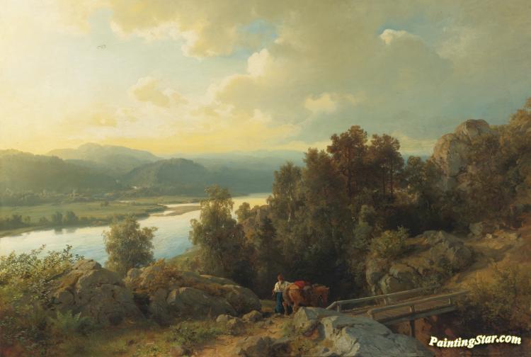 A Lakeside Landscape Artwork by Hans Fredrik Gude