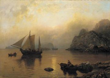 Fishing Party At Sunrise Artwork by Hans Fredrik Gude