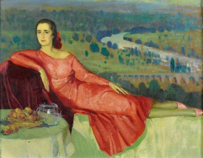 Two Portraits Of Orobida Nahon, Portrait De Madame Orobida Nahon Sur Fond De Paysage Artwork by José Cruz Herrera