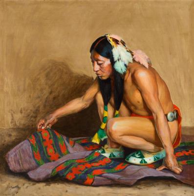 Indian Examining A Blanket (1922) Artwork by E. Irving Couse