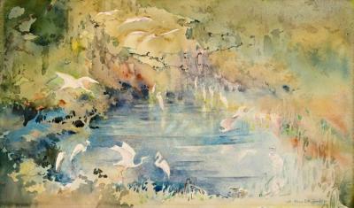 Snowy Egrets Deep In The Swamp Artwork by Alice Ravenel Huger Smith