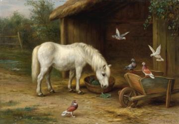 A Pony With Goats And Chickens In A Barn Artwork by Edgar Hunt