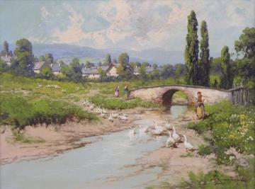 A Cheerful Rural Landscape With Figures Tending Ducks Crossing A Stream Artwork by Laszlo Neogrady