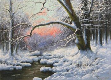 A Snow Laden Evening In Winter With A Stream Artwork by Laszlo Neogrady