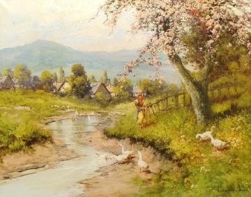 A Woman Tending Geese By A Stream Artwork by Laszlo Neogrady