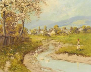 A Mountainous Landscape With Geese In A Stream And A Village Beyond Artwork by Laszlo Neogrady