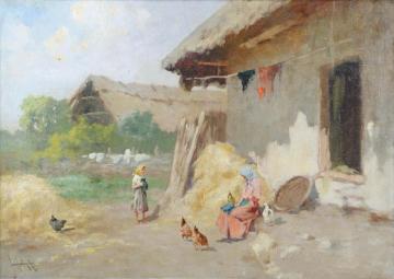 Figures And Chicken In A Farmyard,young Girl In A Sunny Courtyard Artwork by Laszlo Neogrady