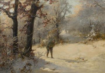 A Hunter In A Winter Forest Artwork by Laszlo Neogrady