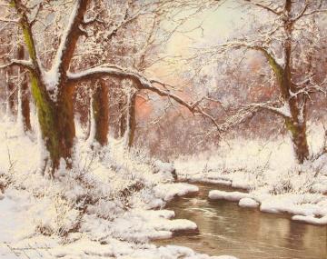 A Snowy Wooded Landscape Artwork by Laszlo Neogrady