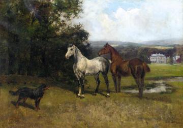 The Colonel's Horses And Collie With Huntroyde Hall Beyond Artwork by Henry John Yeend King