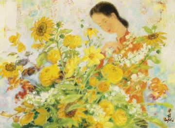 Young Girl With A Bouquet Of Flowers Artwork by Le Pho