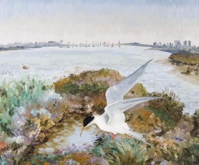 Tern In An Estuary Landscape Artwork by Sir Cedric Morris