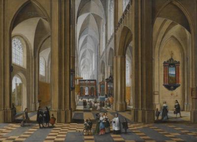 The Interior Of A Gothic Cathedral With Elegant Figures Strolling And Others Attending A Mass Artwork by Frans Francken II