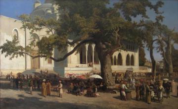 A Busy Market In The Courtyard Of The New Mosque Artwork by Themistocles von Eckenbrecher