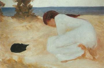 Studie Junge Frau Mit Katze Am Strand Artwork by Max Nonnenbruch