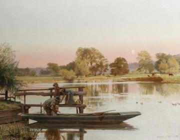 A River View With Children By A Punt Artwork by English School