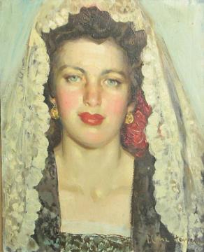 A Portrait Of A Young Woman In A Lace Mantilla Artwork by José Cruz Herrera
