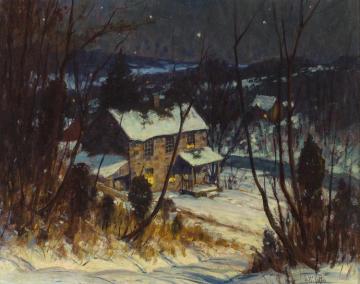 Bucks County, Riverside Nocturnal Winter Landscape Artwork by George W. Sotter