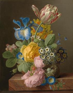 A Still Life Of Roses, A Tulip, An Iris, Morning Glory, Apple Blossom, Harebells, Auriculas And Narcissi In A Vase On A Stone Ledge, With A Bird's Nest Artwork by Jan Frans van Dael