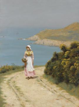 Girl On A Coastal Path Artwork by Edmund Blair Leighton