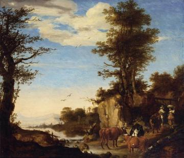 A River Landscape With A Shepherd With His Herd On A Path Conversing With A Woman Artwork by Ary De Vois