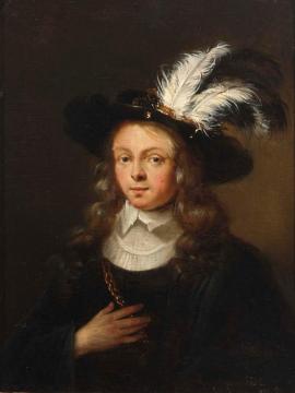 A Portrait Of A  Young Man, Bust Length, Wearing A Black Coat With White Collar And A Feathered Hat Artwork by Ary De Vois