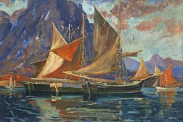 Fishing Boats In A Harbor Artwork by Jonas Lie