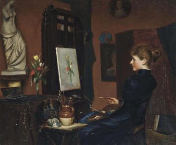 Portrait Of Clara Potts Sitting At An Easel Painting A Still Life Of Flowers Artwork by George H. Wimpenny