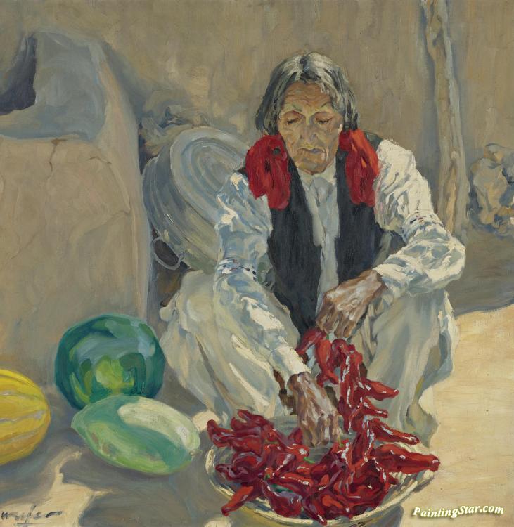 Stringing Chili Peppers Artwork by Walter Ufer