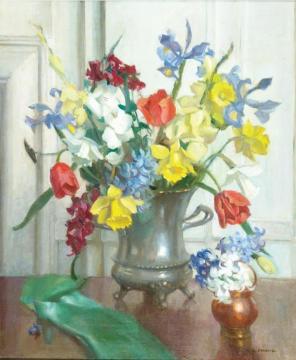 Still Life Of Flowers In A Silver Urn Artwork by Marguerite Pearson