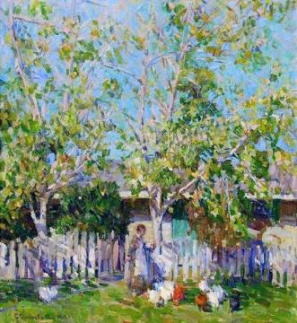 Feeding Chickens, Monterey, 1918 Artwork by E. Charlton Fortune