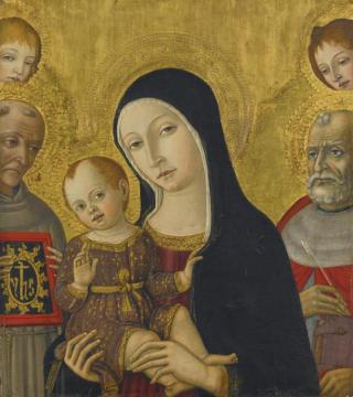 The Madonna And Child With Saints Bernardino Of Siena And Jerome, Behind Them Two Angels Artwork by Matteo di Giovanni