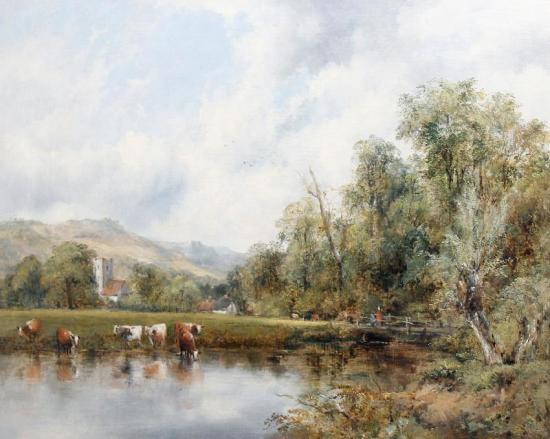 A Landscape With Cattle Watering At A River's Edge And A Village In The Distance Artwork by Frederick Waters Watts