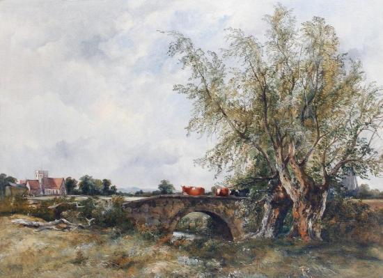 Cattle Crossing A Bridge With A Church Beyond Artwork by Frederick Waters Watts