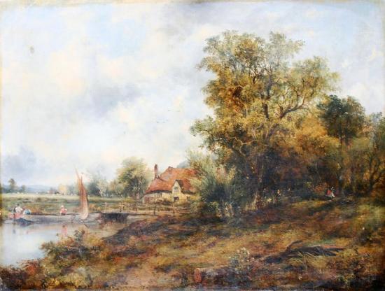 Cottage On The Stour, With Figures In A Boat And A Traveller On A Wooded Pathway Artwork by Frederick Waters Watts