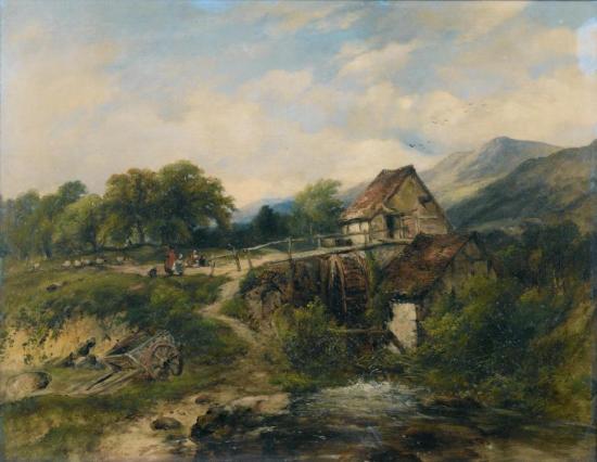 Figures Beside A Watermill Artwork by Frederick Waters Watts