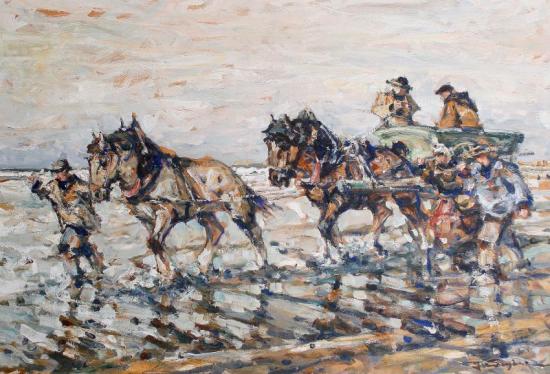 Ploughing The Field, And Figures With Horses Pulling A Cart By The Sea Artwork by Julius Seyler