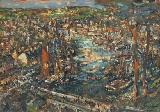 River Landscape With Houses, Boats And A Bridge Artwork by Julius Seyler