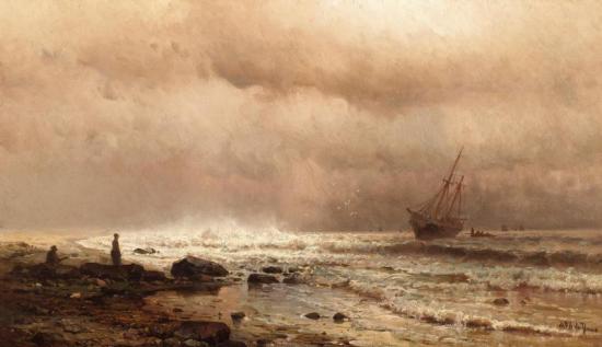 A Coastal View With Figures And A Ship At Sea Artwork by Mauritz F. H. De Haas