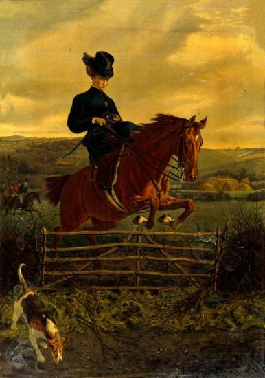 An Elegantly Dressed Horsewoman Jumping Over A Gate In A Fen Artwork by Charles Burton Barber