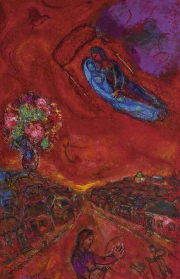 Les Amoureux Dans Le Ciel Rouge Artwork by Marc Chagall