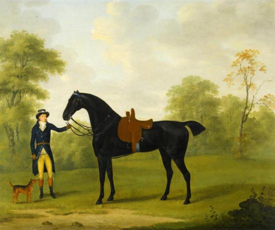 A Lady's Saddled Bay Hunter, Held By A Groom Artwork by John Nost Sartorius